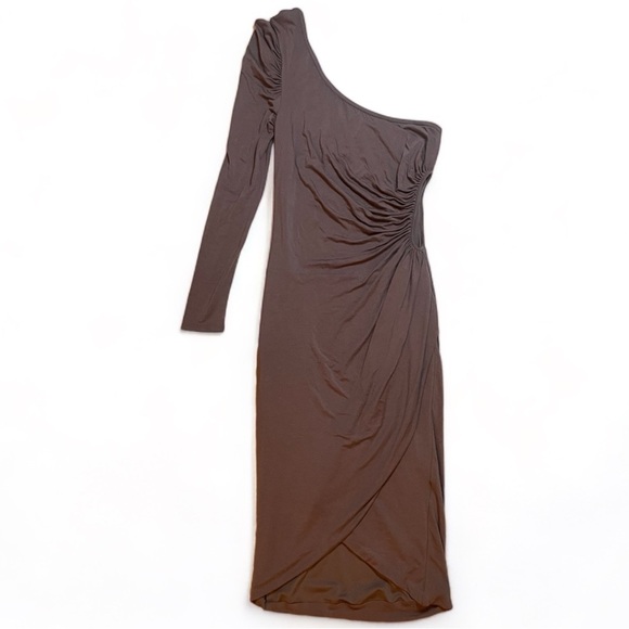 BEBE Kardashians Taupe Cutout Dress Cinched One Shoulder Goddess Wrap size Small - Picture 1 of 4
